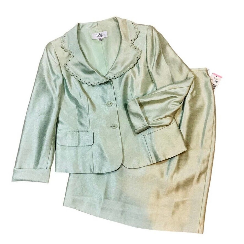 Le Suit Key Lime Green Suit Set Jacket & Pencil Skirt Striated Lame Size 10P